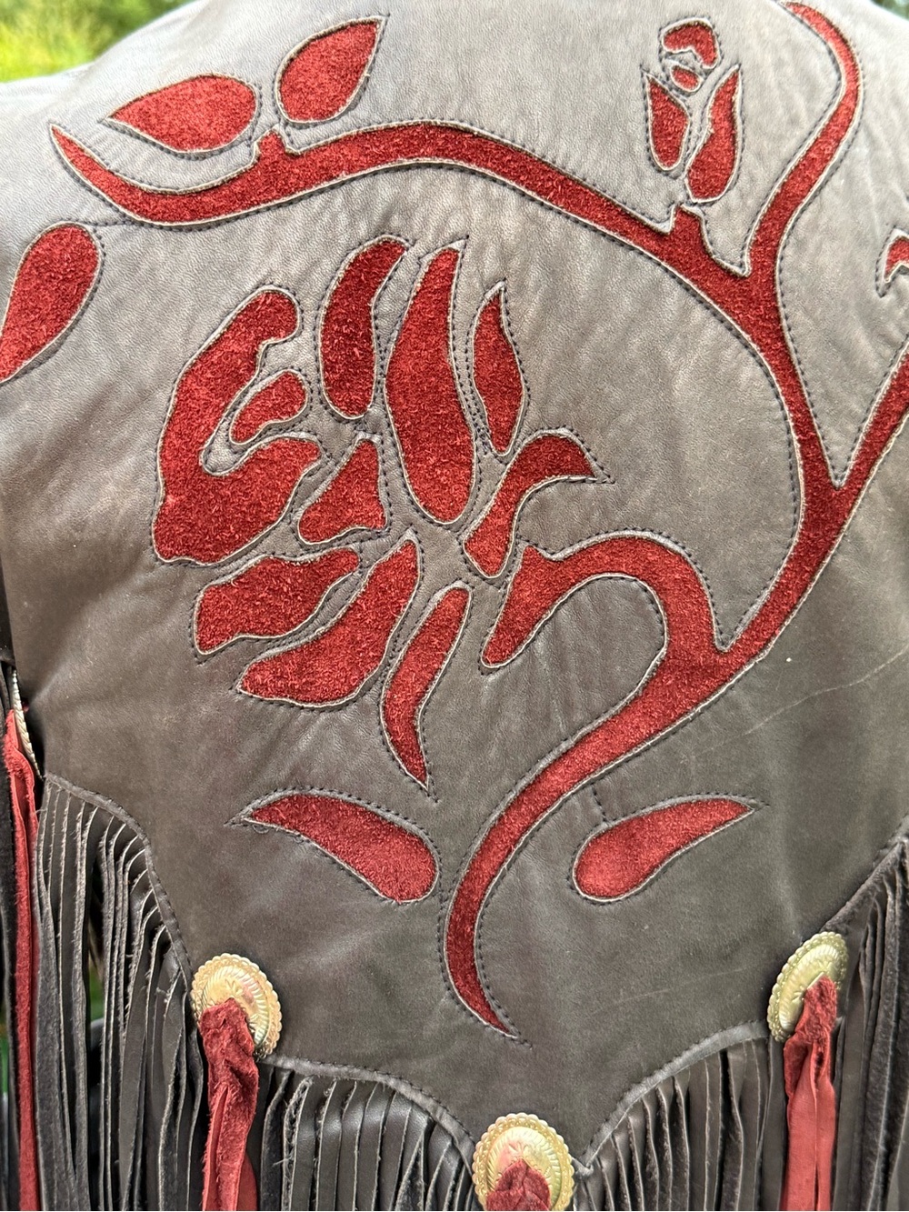Black Leather Bomber Jacket with Red Fringe & Embroidered Accents - Picture 8 of 11